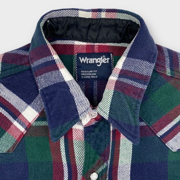 VINTAGE Wrangler Shirt Mens Medium Western Pearl Snap Long Tail Plaid Bushpopper - Picture 5 of 12